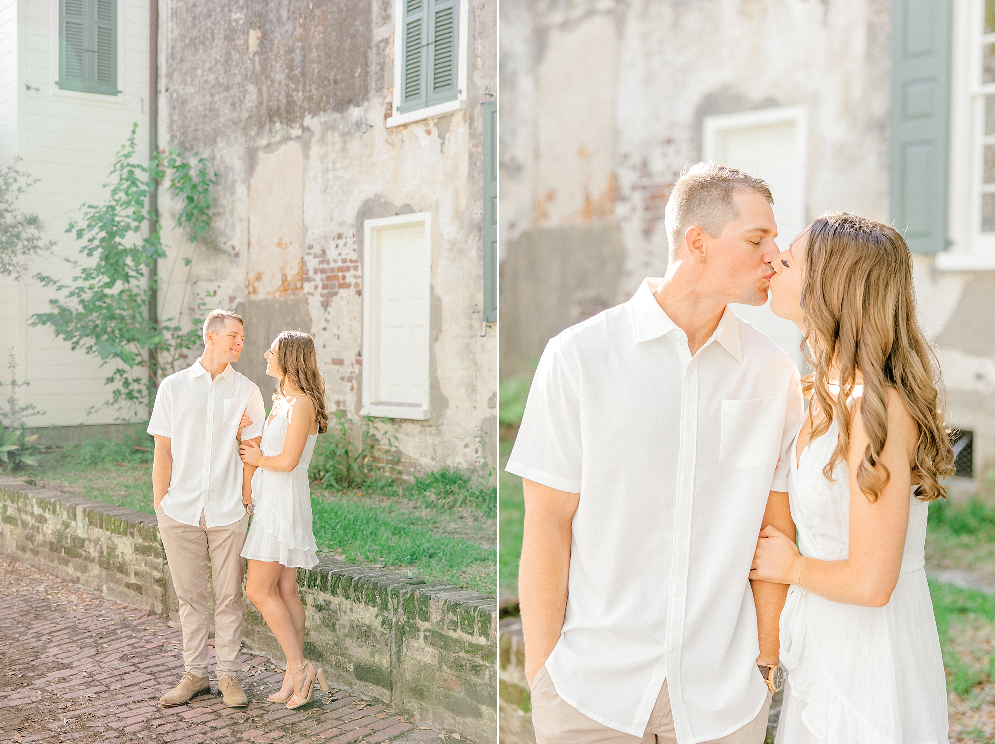 man leans to kiss fiancee outside historic home in Charleston SC