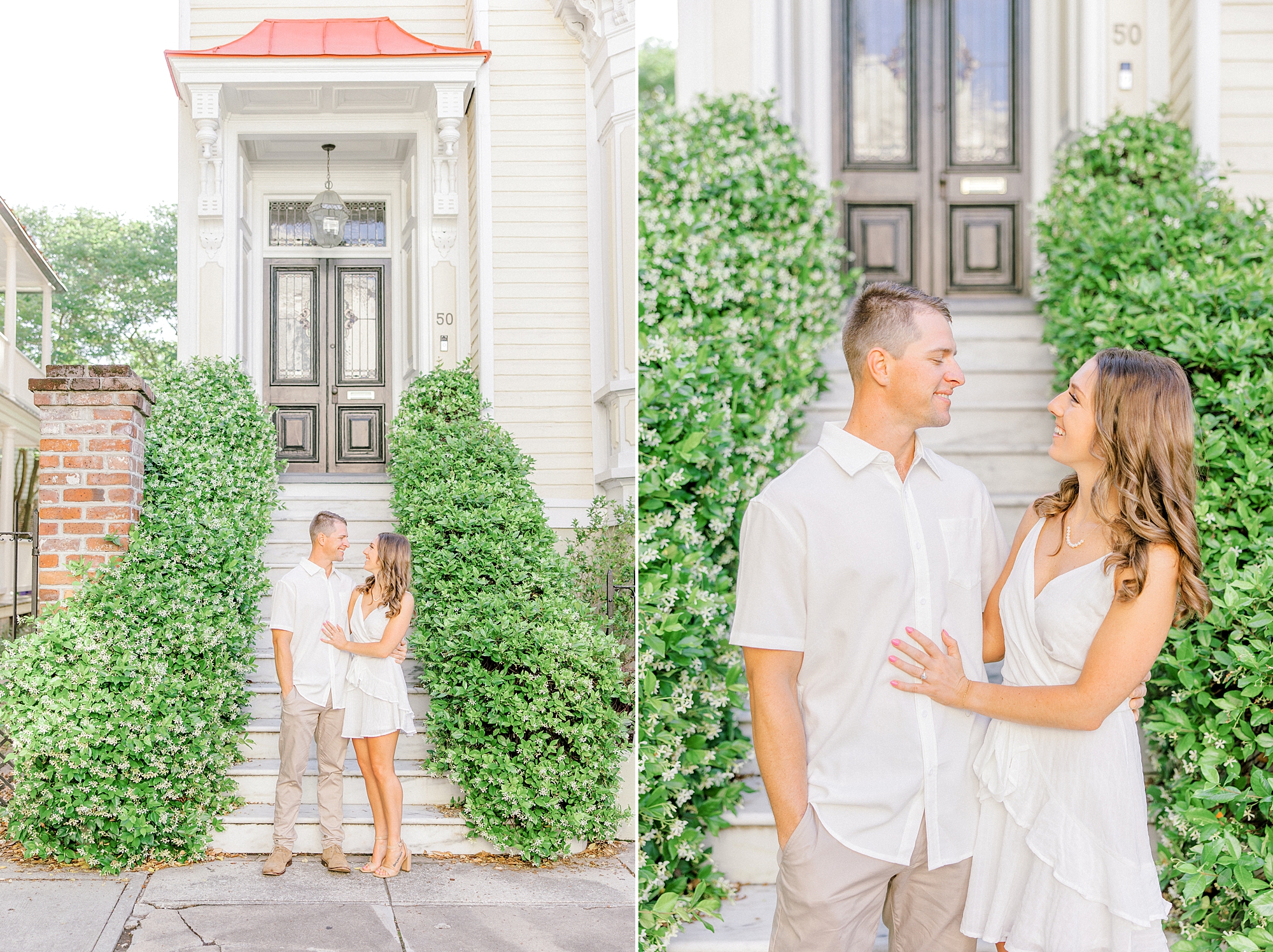 couple hugs in front of townhome during Historic Downtown Charleston engagement session