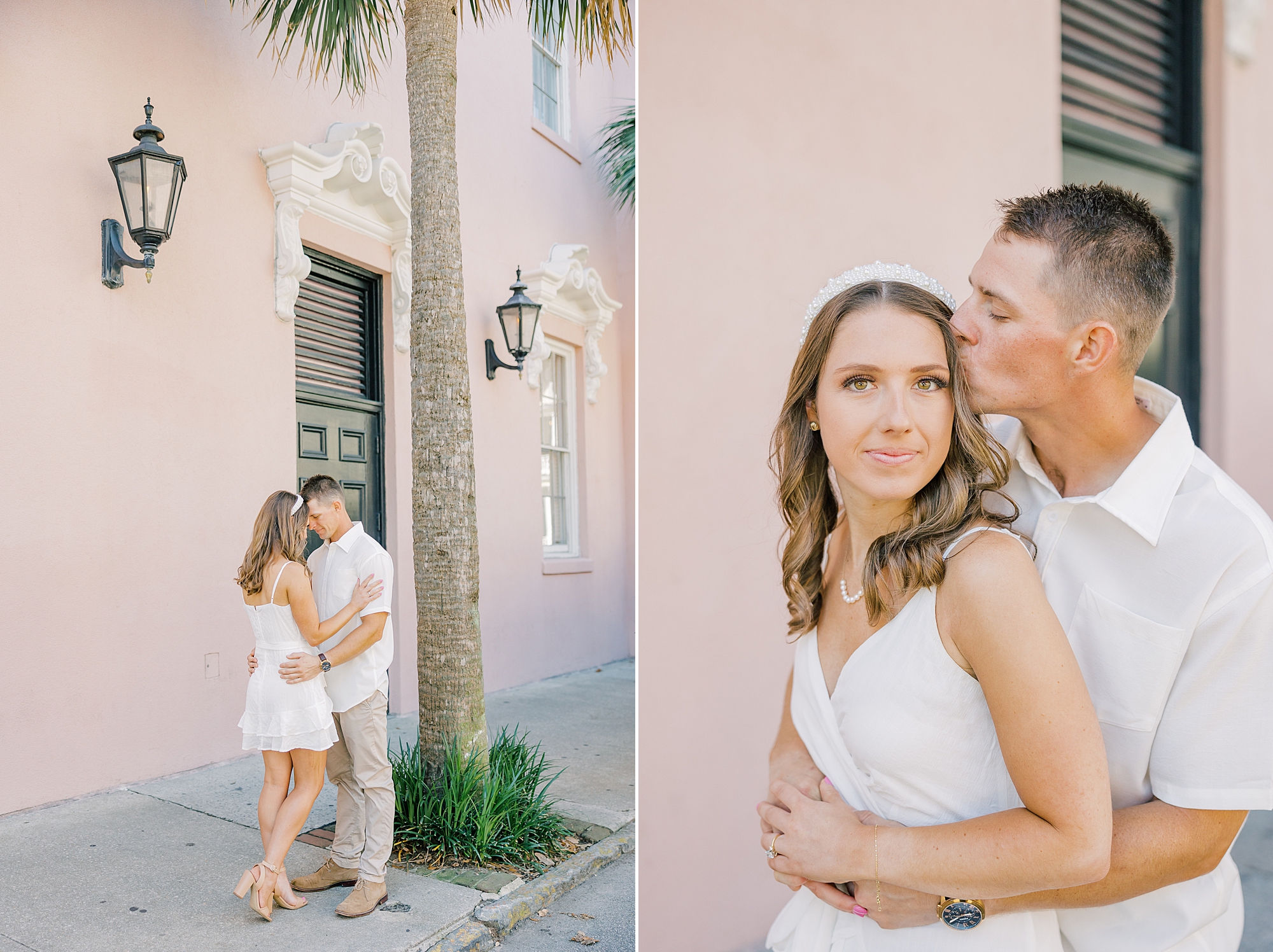 man hugs woman from behind in front of pink walled homes in Charleston SC