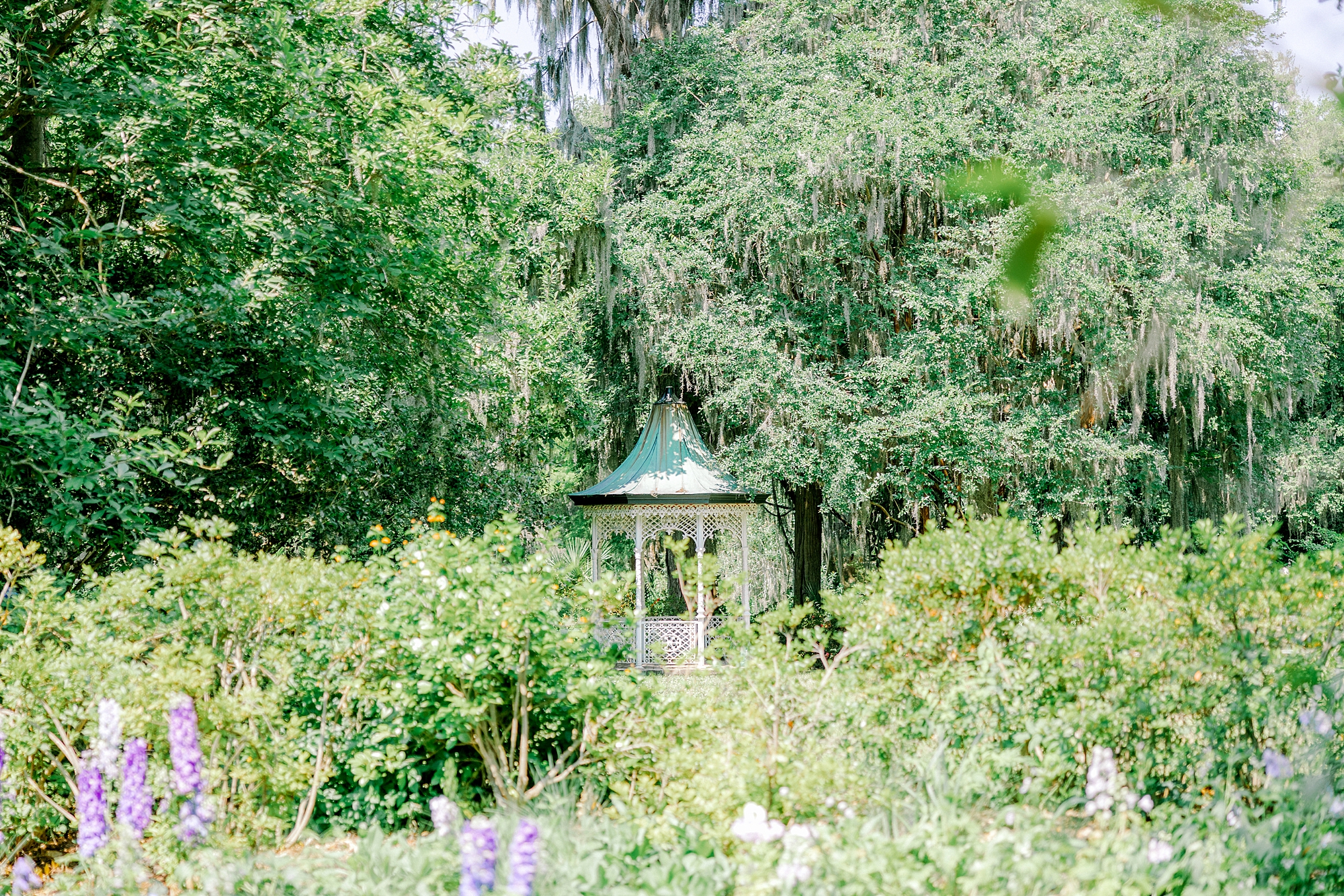 gazebo sits in garden in Magnolia Gardens