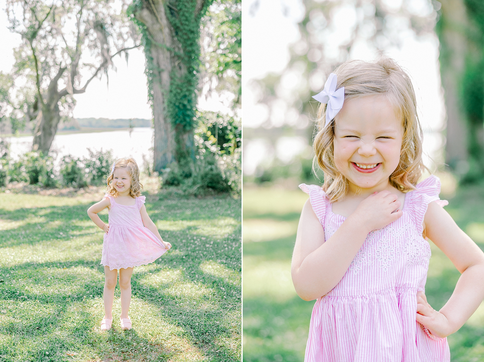 blonde girl laughs during Magnolia Gardens family portraits