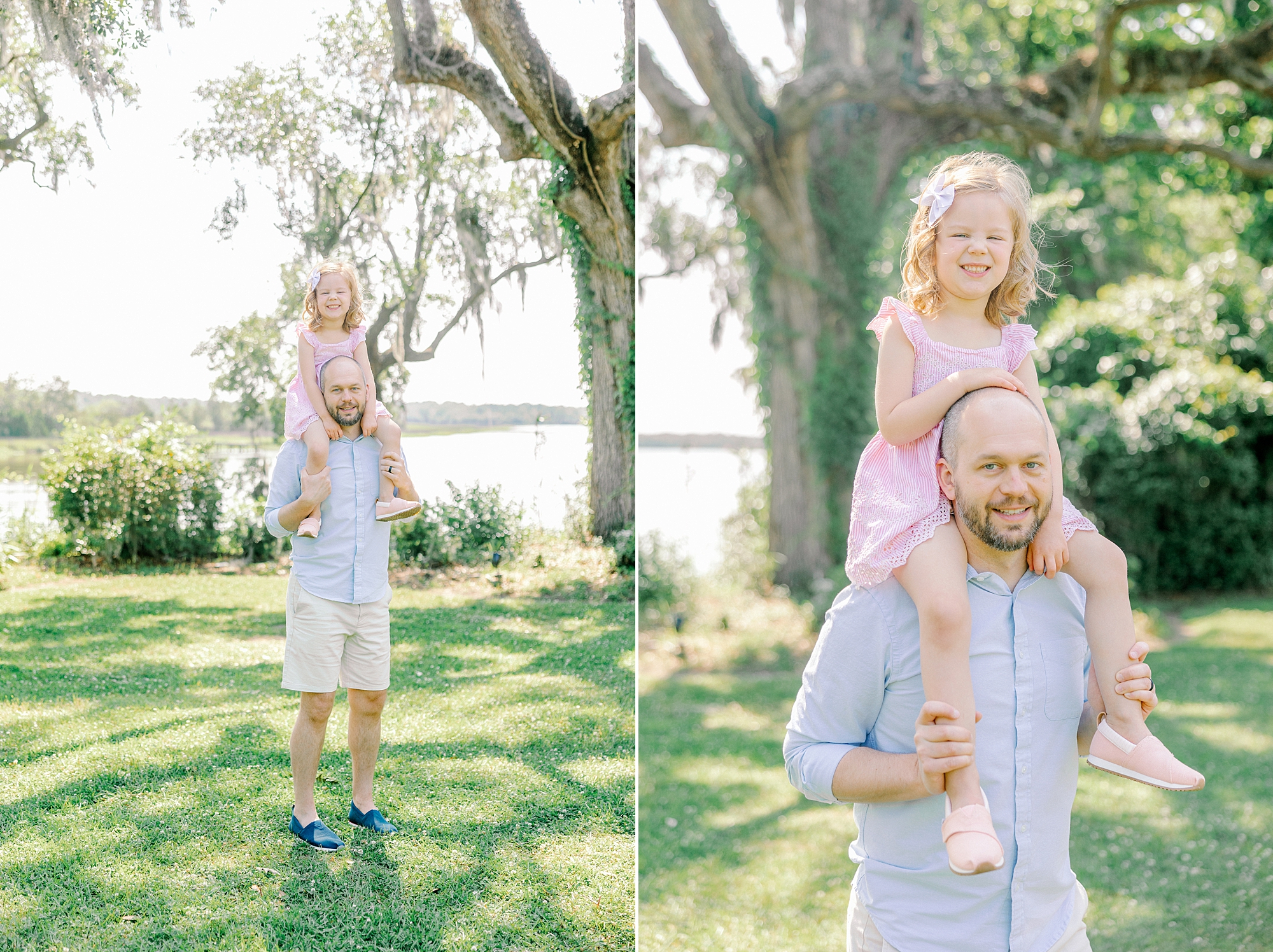 dad carries daughter in pink dress on shoulders during Magnolia Gardens family portraits