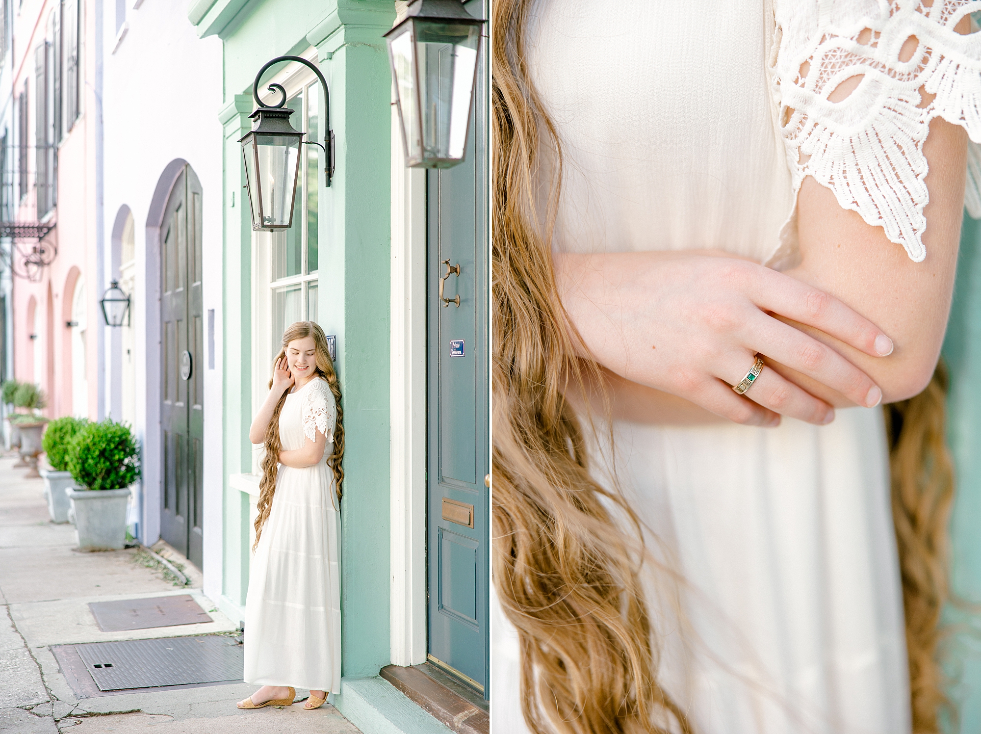 senior girl in white dress leans against doorframe on Rainbow Row in Charleston SC