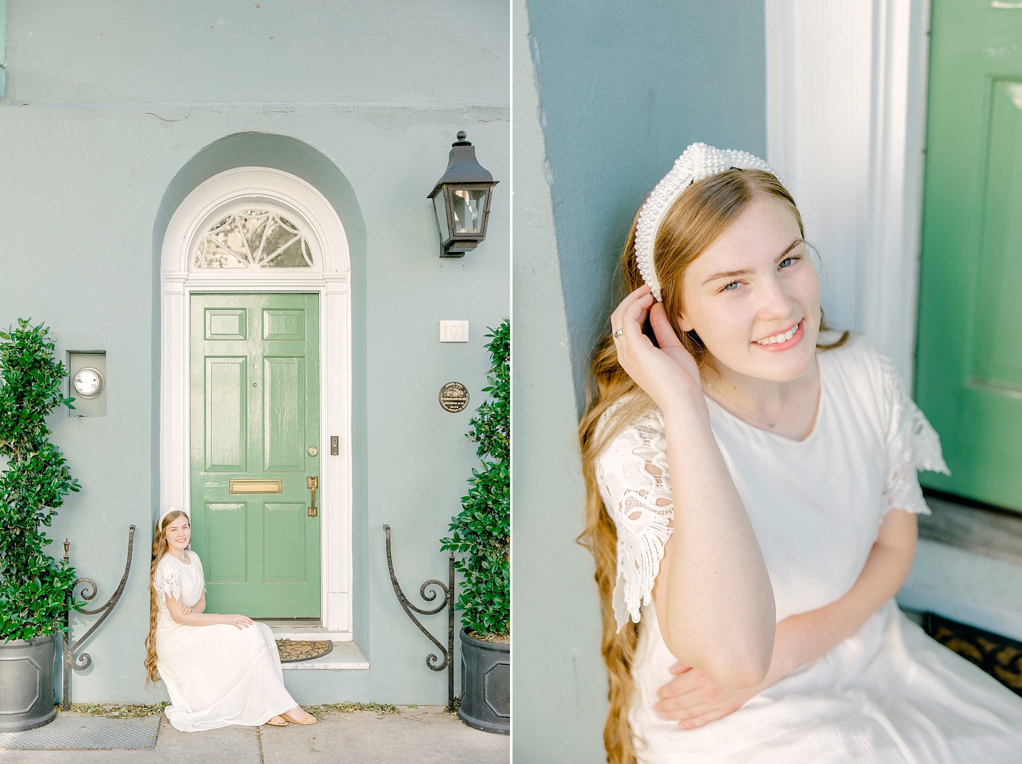 senior girl sits in front of green doors during portraits on Rainbow Row in Charleston SC