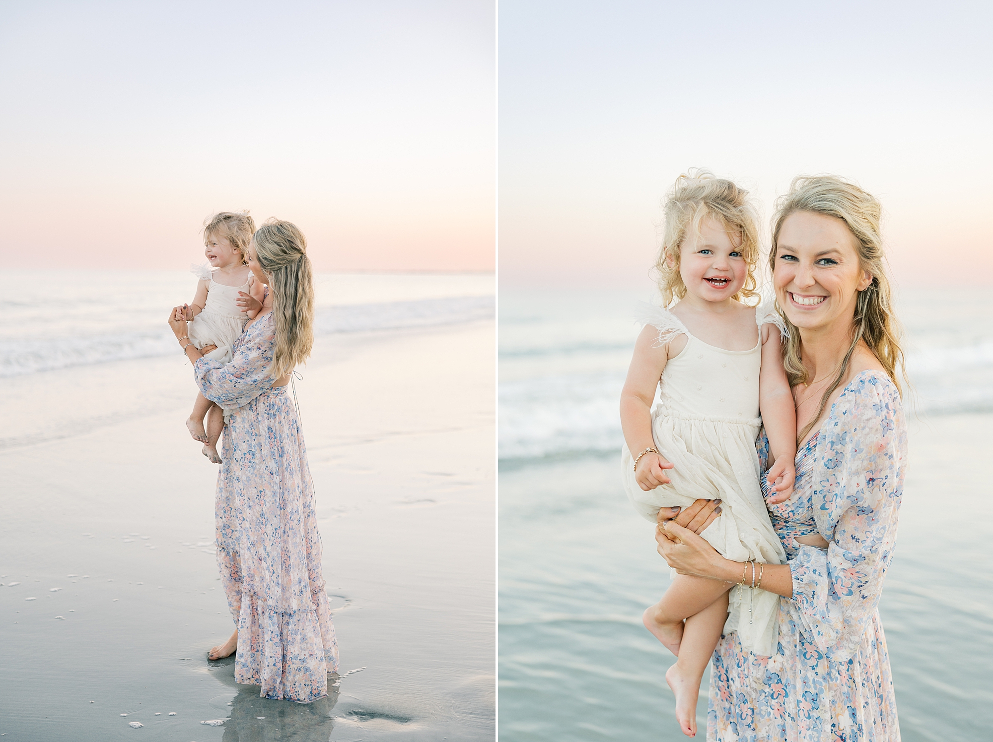 mom holds toddler daughter on beach during family photo at sunset 