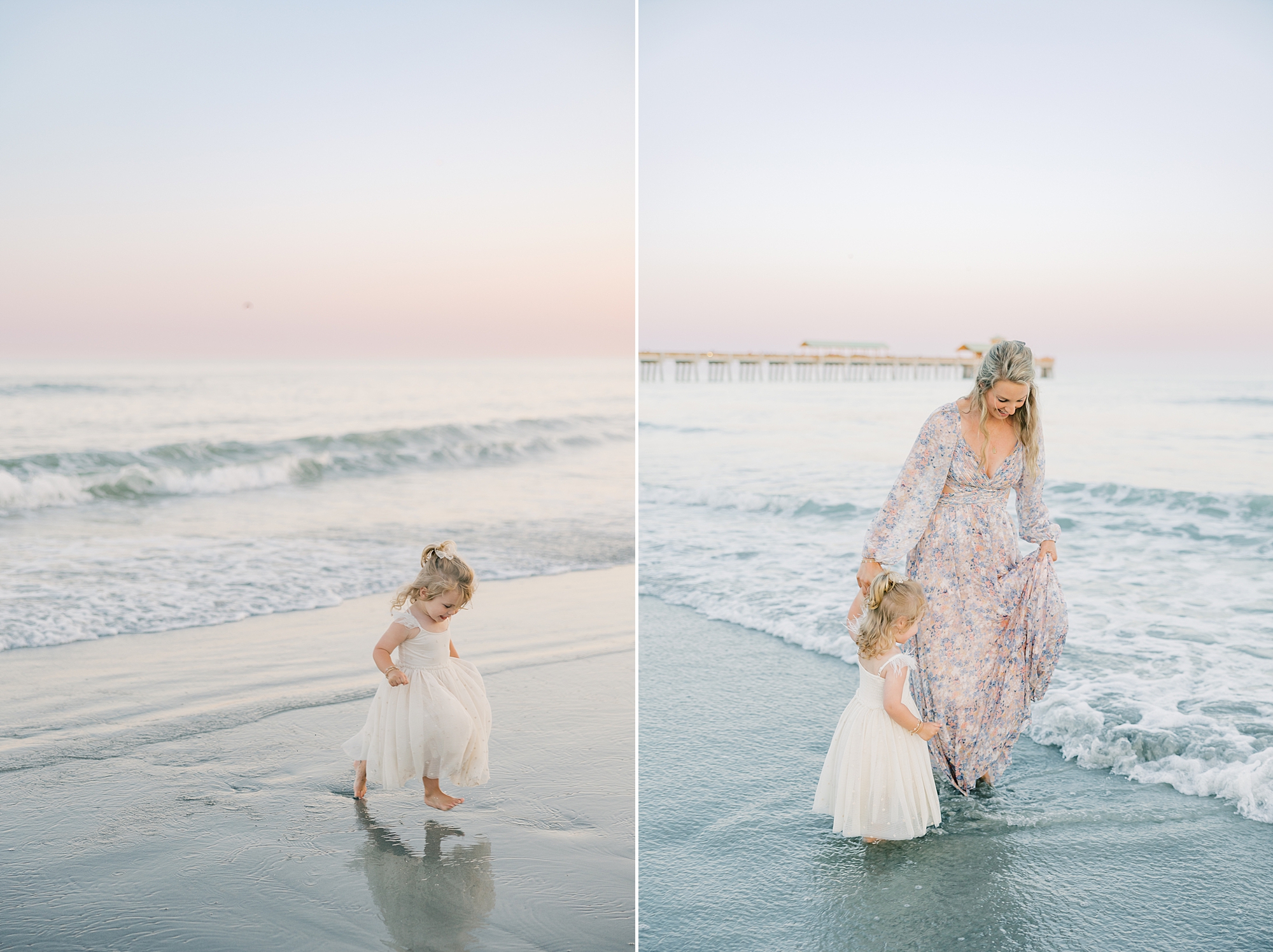 mom and daughter walk through waves during Folly Beach family portraits