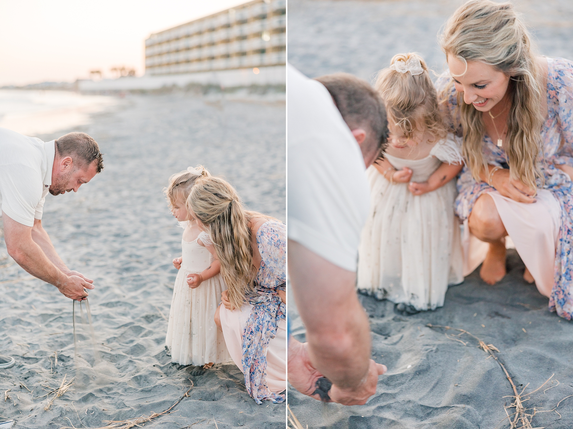 dad and daughter dig in sand during Folly Beach family portraits