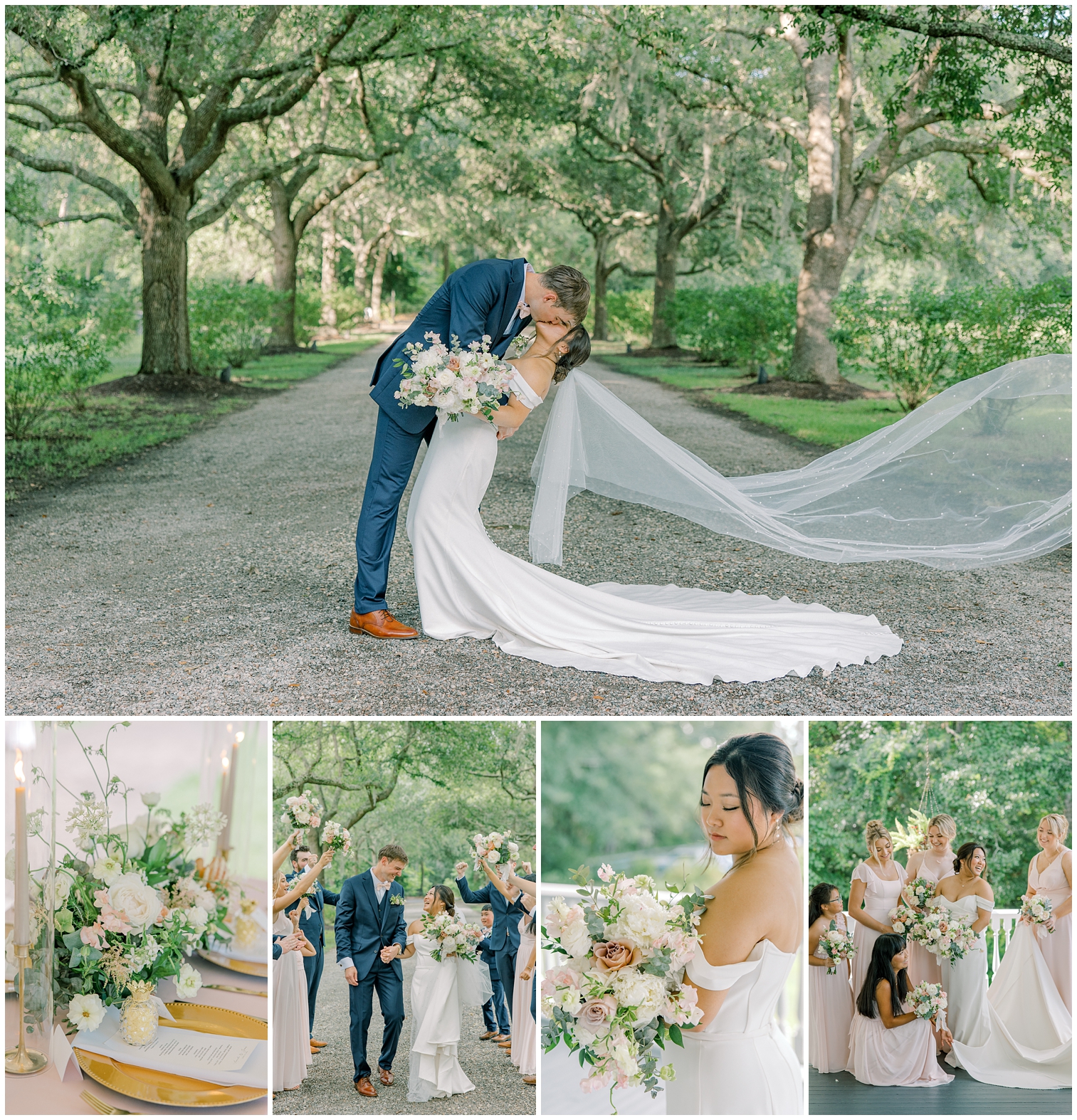 Bride and groom sharing a dip kiss beneath oak trees at Old Wide Awake Plantation in Charleston, SC, with summer wedding portraits and reception celebration moments captured by Kara Blakeman Photography.