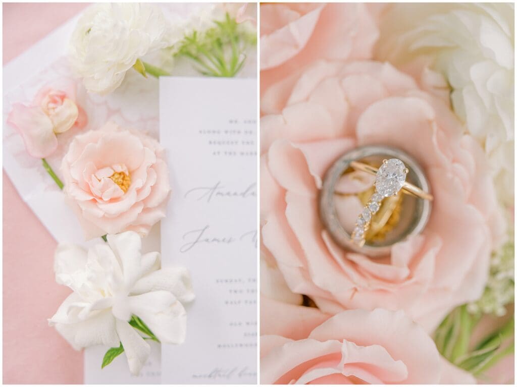 Blush and white wedding invitation suite with florals and a close up shot of the Oval Diamond Engagement ring and band, styled by kara Blakeman Photography for summer wedding at Old Wide Awake Plantation in Charleston, SC