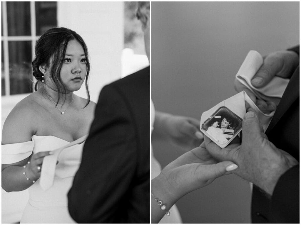 Charleston, SC Photographer, Kara Blakeman, captures Emotional first look between bride and her father before ceremony at Old Wide Awake wedding in Charleston, South Carolina.