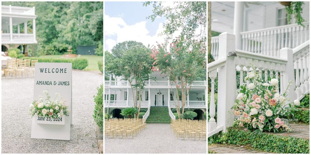 Wedding welcome sign filled with fresh flowers and ceremony setup in front of historic white antebellum home at Old Wide Awake summer wedding in Charleston, SC. Captured by Kara Blakeman.