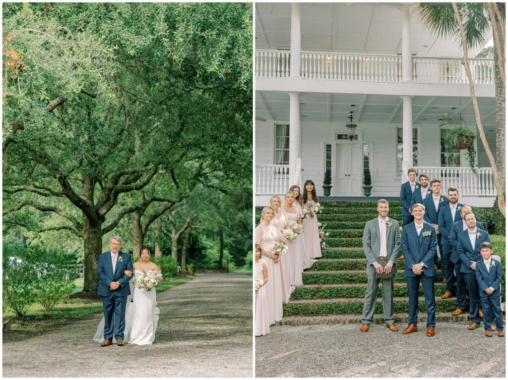 Charleston, SC Photographer, Kara Blakeman, capturesBride walking arm-in-arm with her father beneath oak trees and wedding party gathered on the steps at Old Wide Awake.