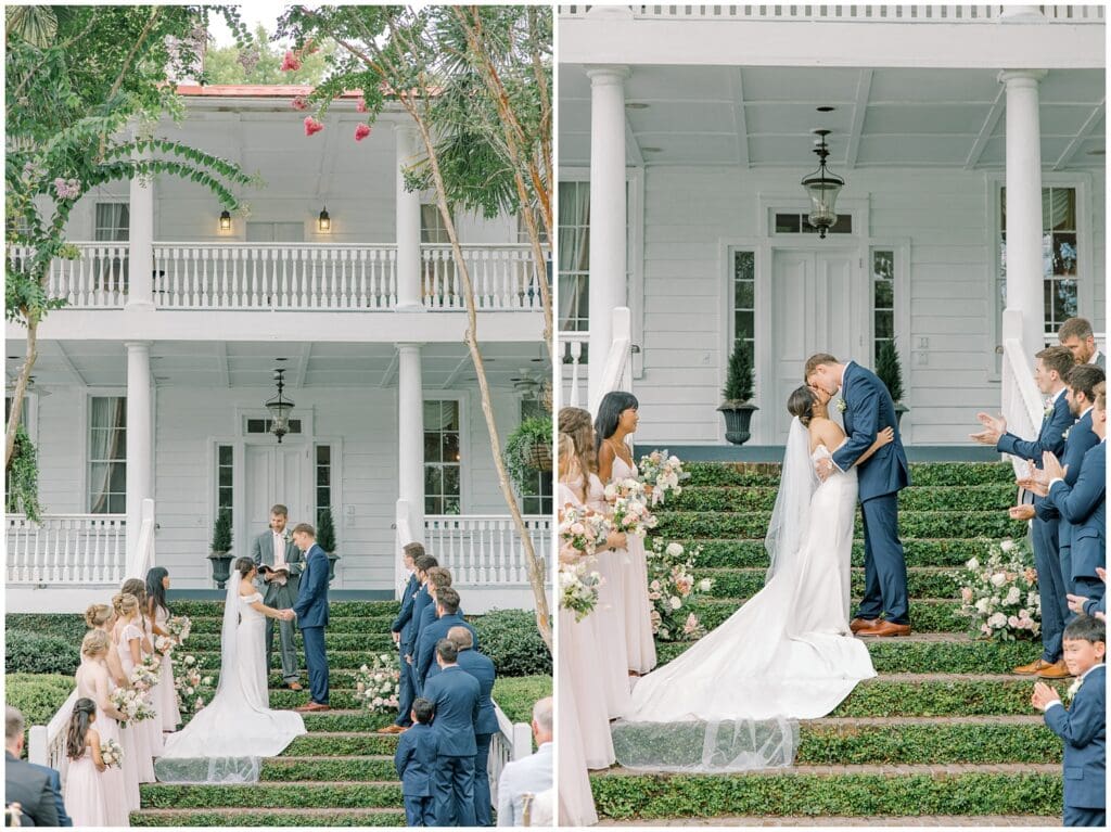 Bride and groom sharing their first kiss during their ceremony at Old Wide Awake Plantation during their summer Charleston wedding.