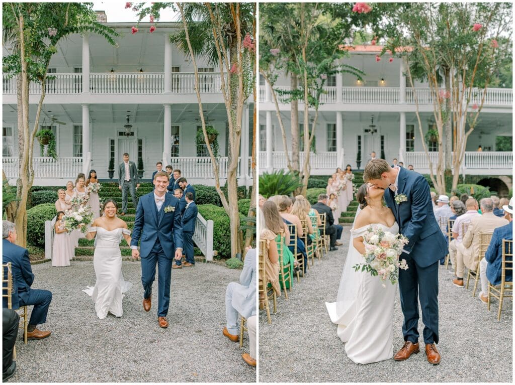 Bride and groom celebrating their ceremony at Old Wide Awake with guests seated on gold chairs during summer Charleston wedding.