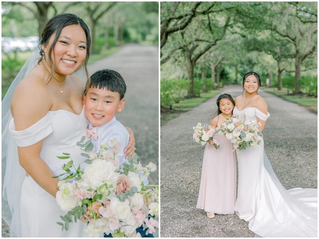 Flower Girl and Ring Bearer poses with the Bride beneath an angel oak alley at an Old Wide Awake summer wedding in Charleston, SC
