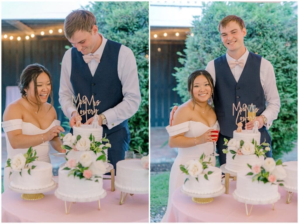 Bride and groom cutting their wedding cake with blush florals and “Mr. & Mrs.” topper during summer reception at Old Wide Awake in Charleston.