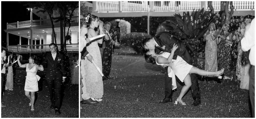 Bride and groom kissing during bubble exit at nighttime summer wedding reception at Old Wide Awake in Charleston.
