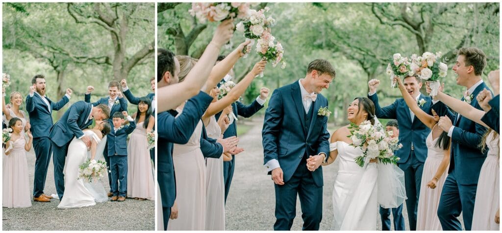 Bride and groom kissing while bridesmaids and groomsmen cheer beneath an angel oak alley at their Old Wide Awake summer wedding in Charleston, SC